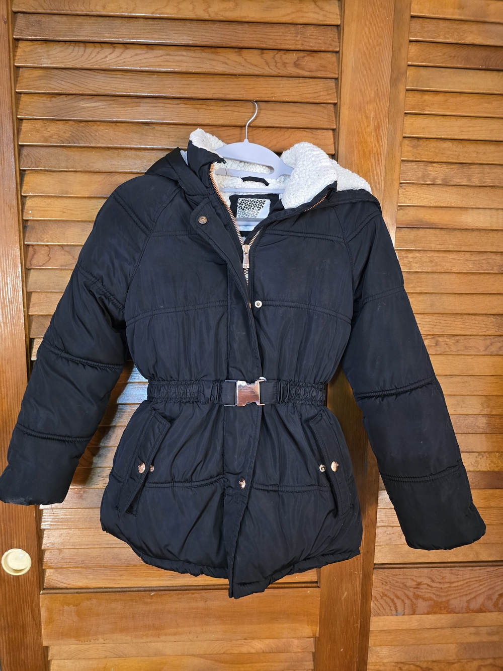 Kensie Girl Sherpa Lined Hooded Puffer Coat Girls 10/12 Black Belted
